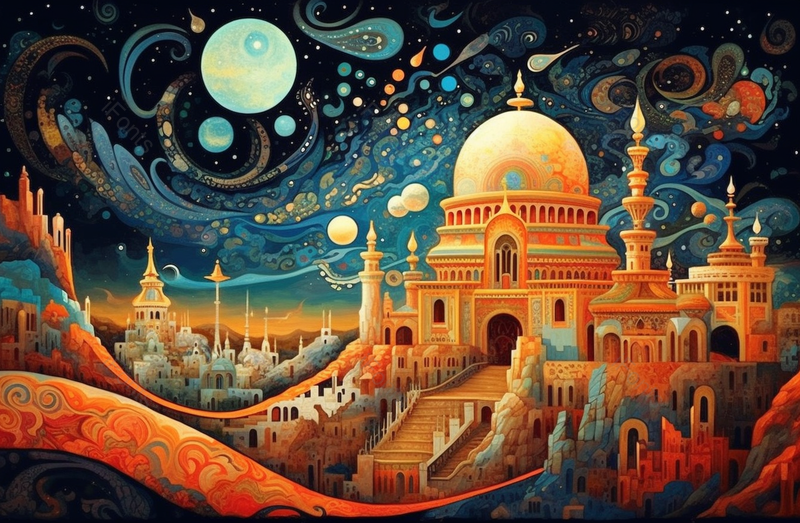 圆顶寺庙国风繁华流云星空满月月亮橙色异域风情插画,插画/手绘图,插画/手绘图库,插画/手绘图下载,插画/手绘